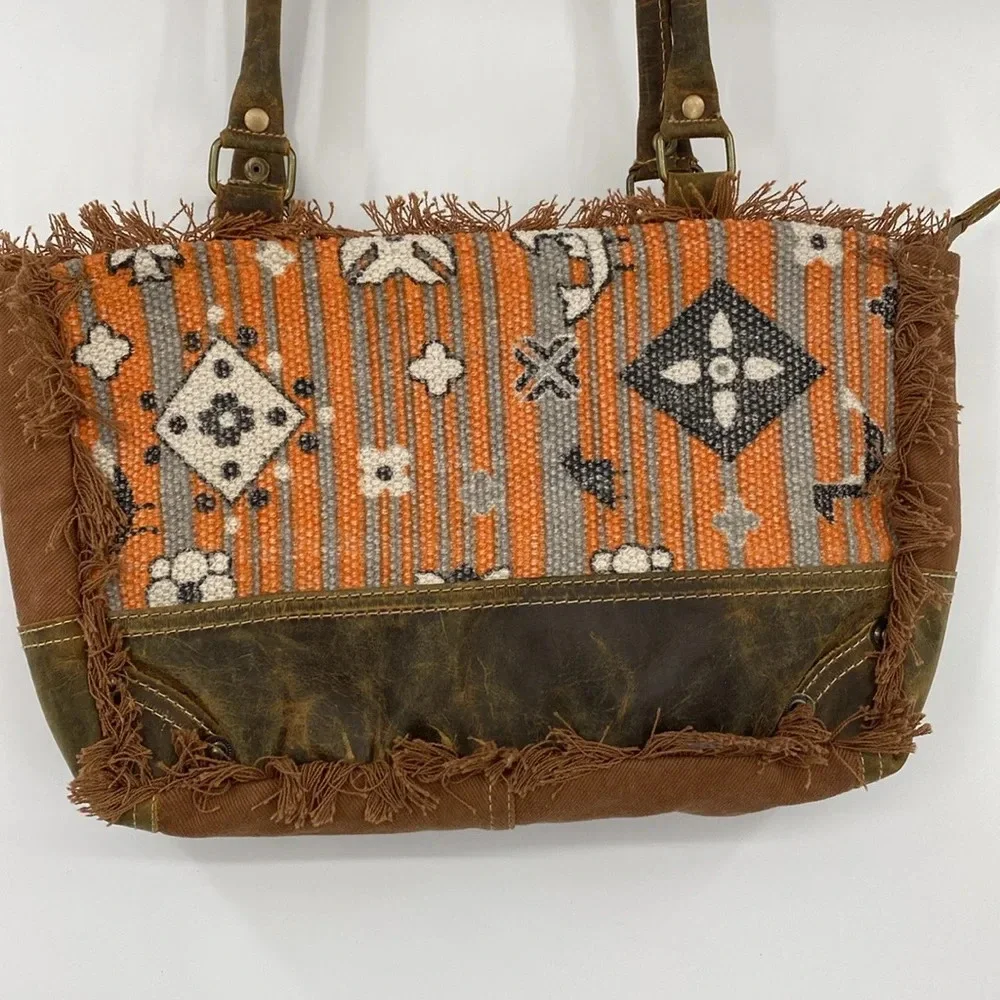 Myra‎ Bag Sequoia Dreams Shoulder Bag Western Brown Tan Cotton Leather Boho